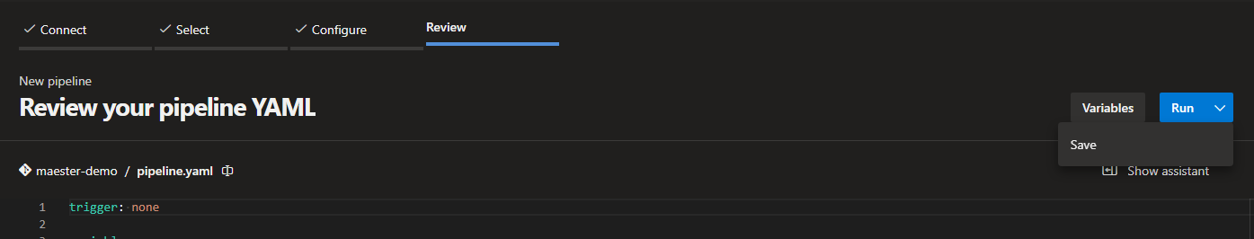 Screenshot of save pipeline